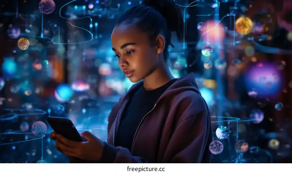 Afrofuturism portrait of a young black woman using a smartphone in front of a digital city backdrop