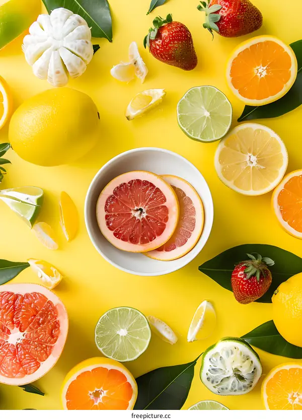 Fresh Citrus Fruits and Leaves on Yellow Background
