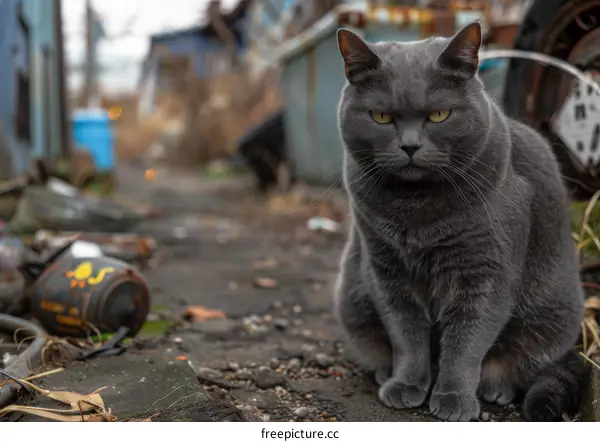 A gray cat is sitting on the ground in front of a pile of debris.