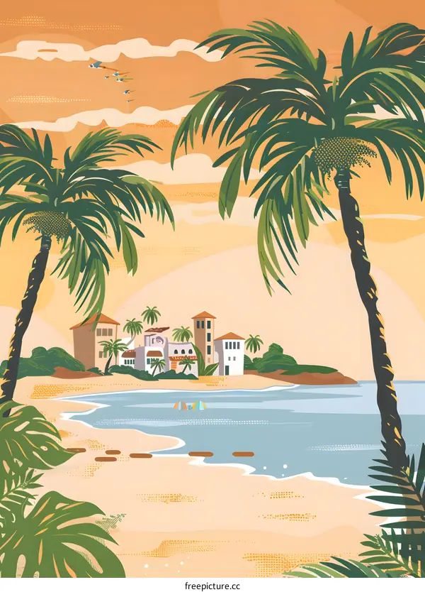 Palm Trees and Tropical Houses by the Sea