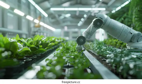 Robot arm harvesting salad leaves in a greenhouse