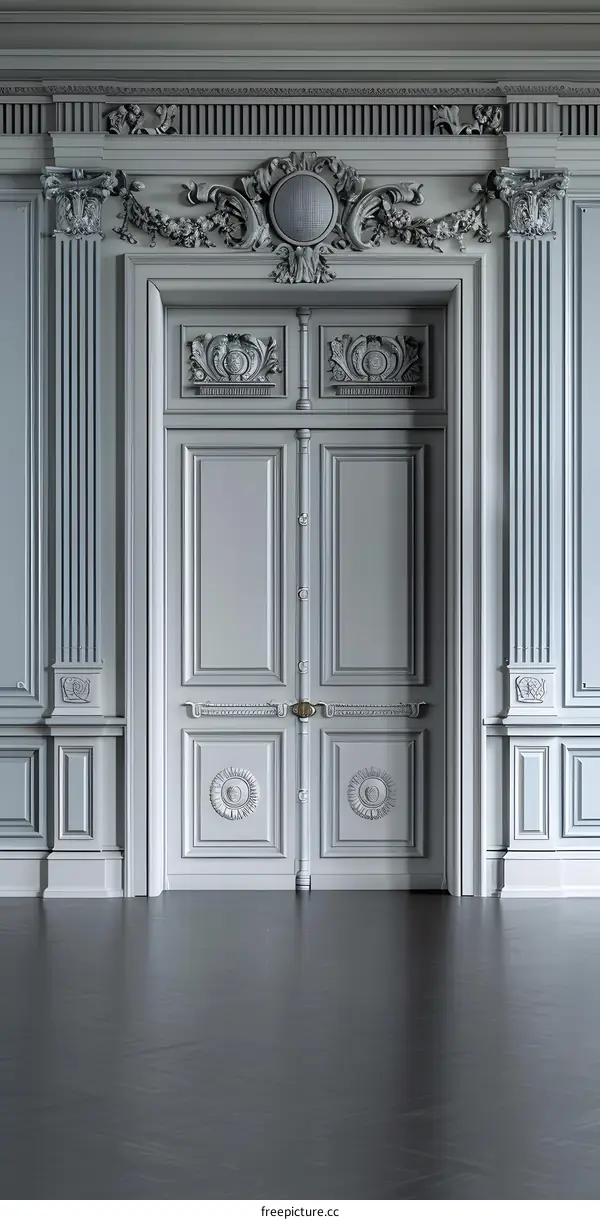 Classic Interior Design With Grey Wood Paneling and Double Doors