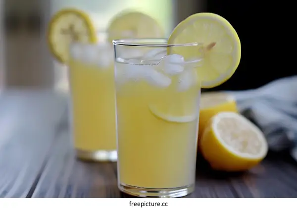 Glass of Lemonade with Lemon Slices and Ice