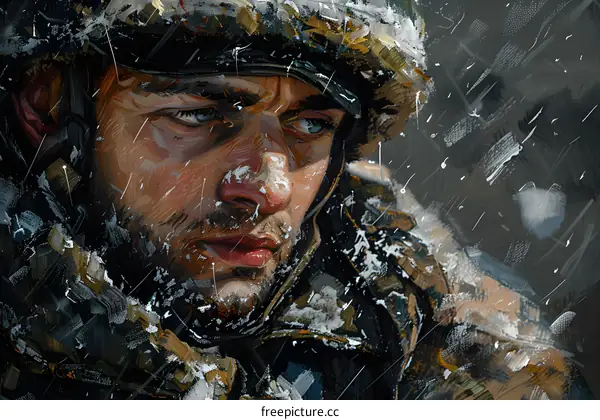 Portrait of a soldier wearing a military helmet and looking into the distance with a determined expression on his face. The soldiers face is partially obscured by snow.