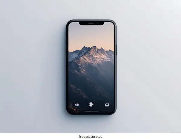 Black Smartphone on White Background Displaying Mountain Range Wallpaper