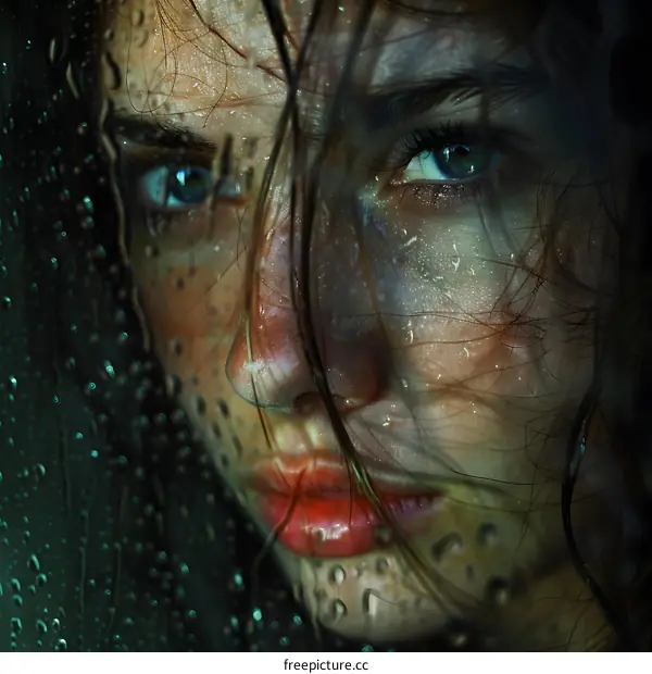 A close-up portrait of a womans face with water droplets on it