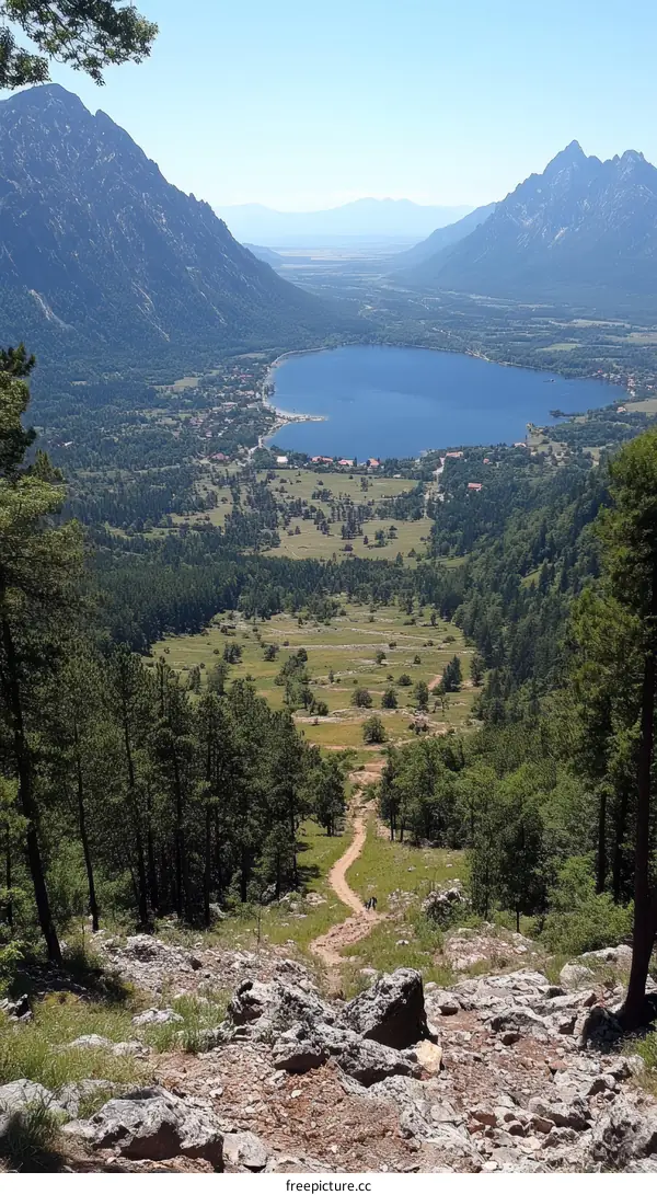 Majestic Mountain View of a Lake Valley with Hiking Trail