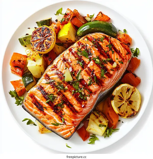 Grilled Salmon with Roasted Vegetables and Lemon