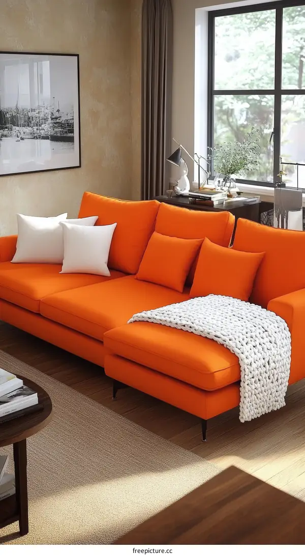Modern Orange Sectional Sofa in a Living Room