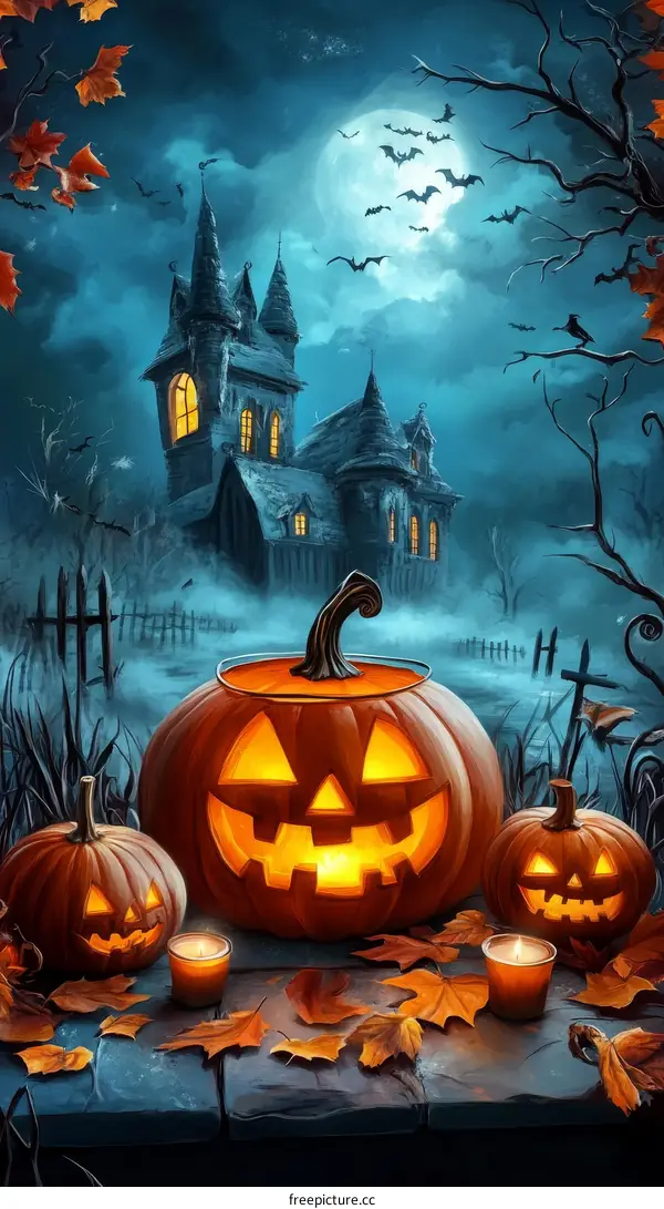 Halloween Scene with Pumpkins and Castle