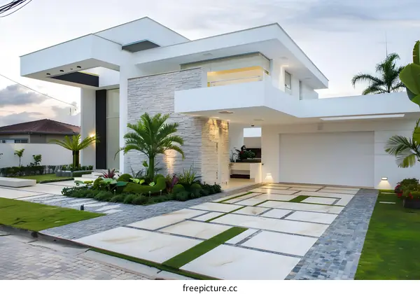 Modern White House with Palm Trees and Stone Driveway