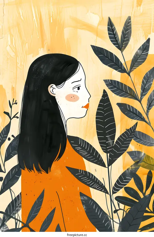 Woman with Black Hair and Orange Shirt Standing in Front of Green Plants