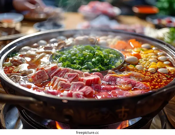 Traditional Chinese Hot Pot with Fresh Ingredients and Broth