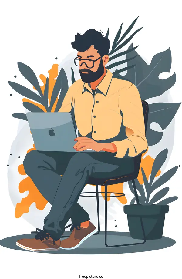 Man with Laptop Sitting on Chair in Front of Plants