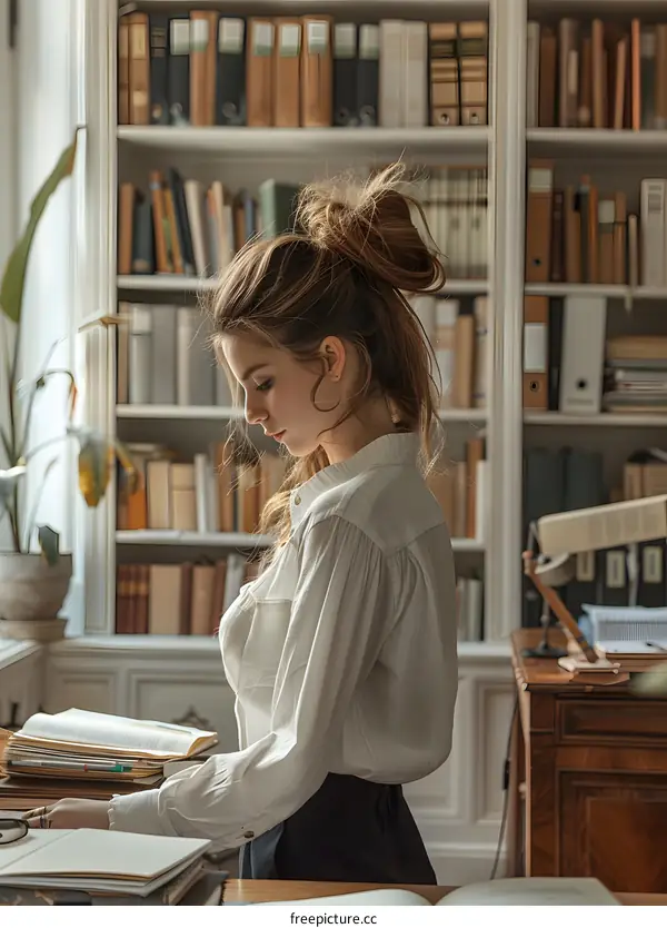 Elegant woman in a library