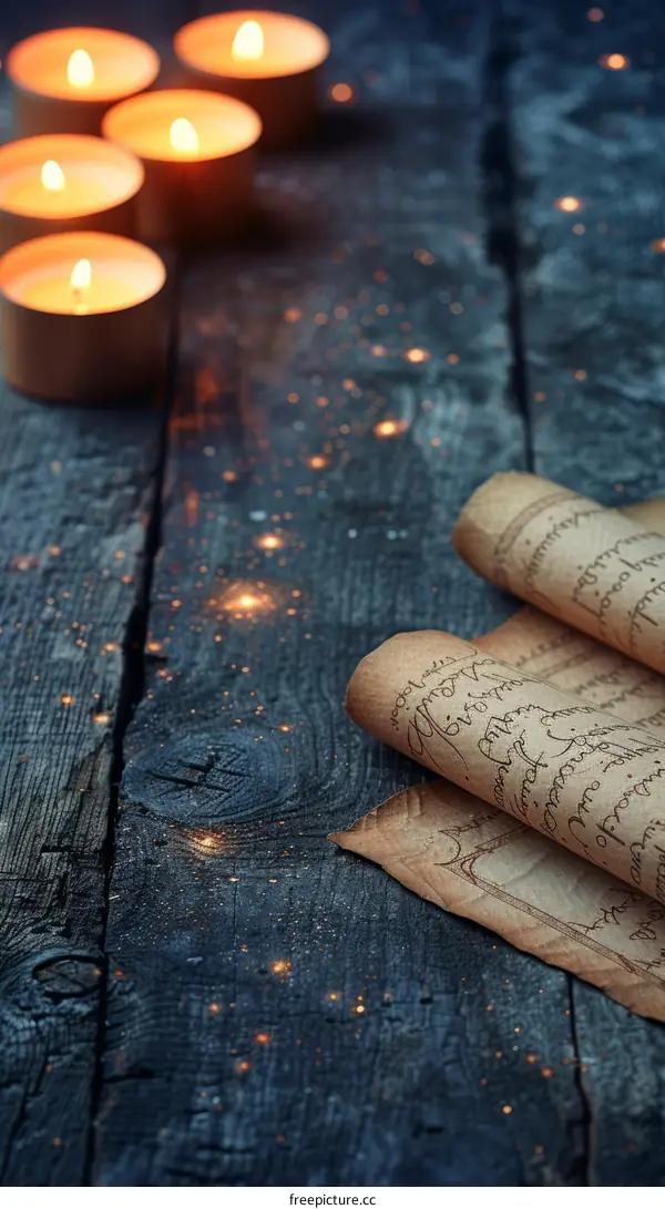 Mystical still life with candles and magic scroll