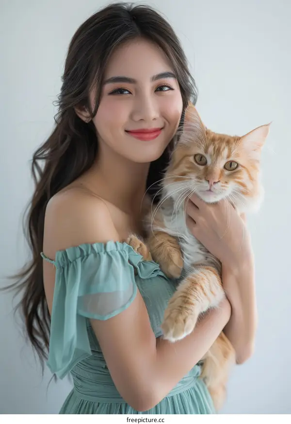 A woman is holding an orange cat in her arms. The woman is smiling at the cat.