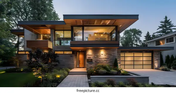 Modern Home with Stone Exterior and Large Windows
