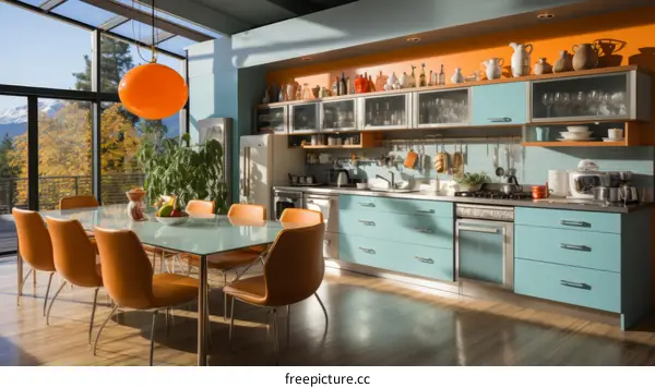 Retro kitchen with large windows and a view of the mountains