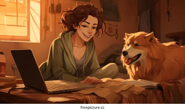 A young woman and her dog sit on a wood floor with an orange laptop and map.