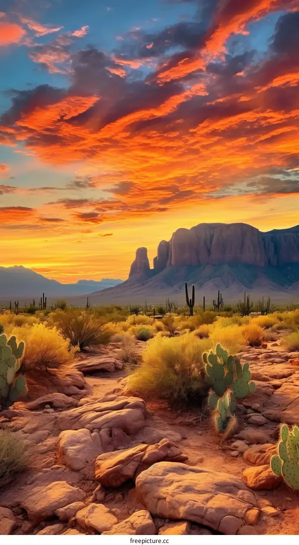 Arid desert landscape with red rock formations and cacti at sunset