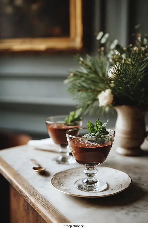Chocolate Dessert in Elegant Glass Bowls with Mint Garnish