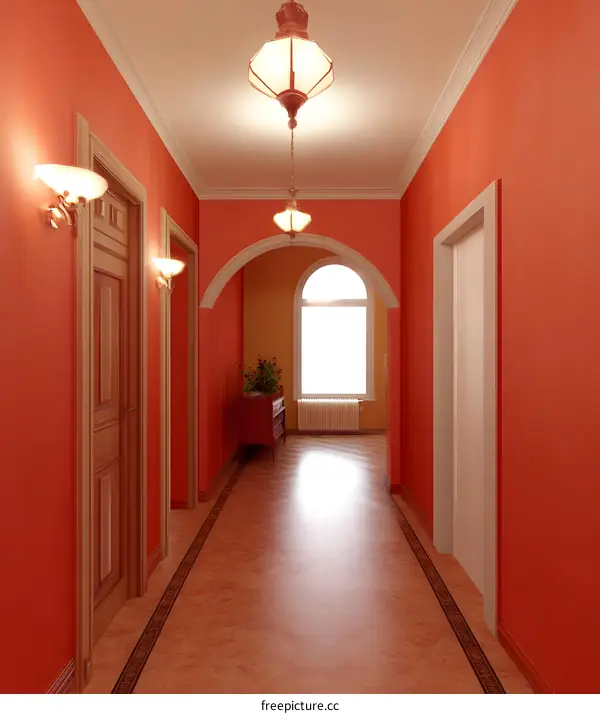 Red Interior Hallway With Arched Doorway