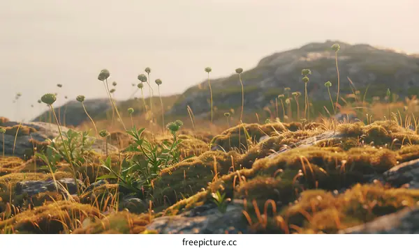 Close Up View of Mossy Rocks and Wildflowers