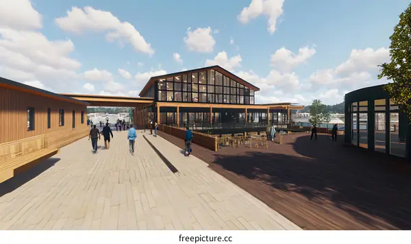 Modern Waterfront Building Design with Walkway and People