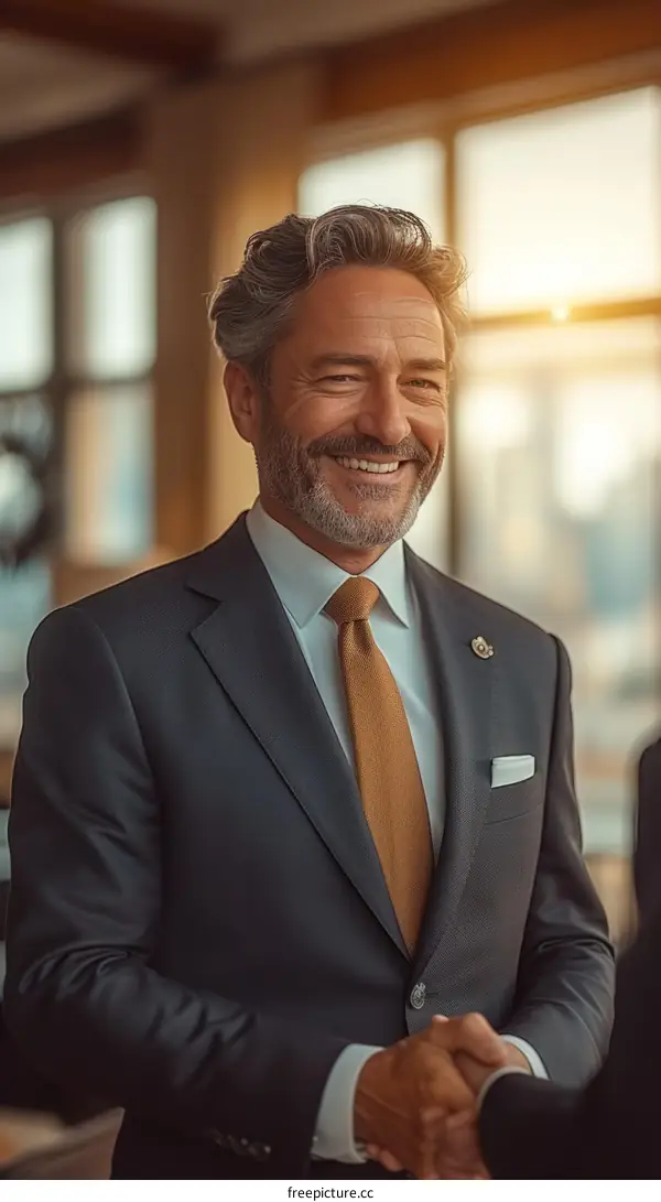 Businessman in suit smiling and shaking hands