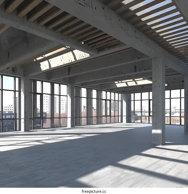 Large Empty Room With Concrete Beams And Windows