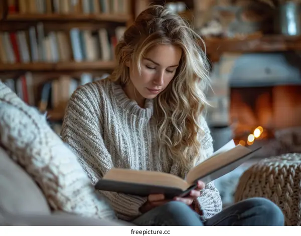 Young woman reading a book by the fireplace