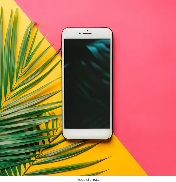 Smartphone on a Yellow and Pink Background with Palm Leaves