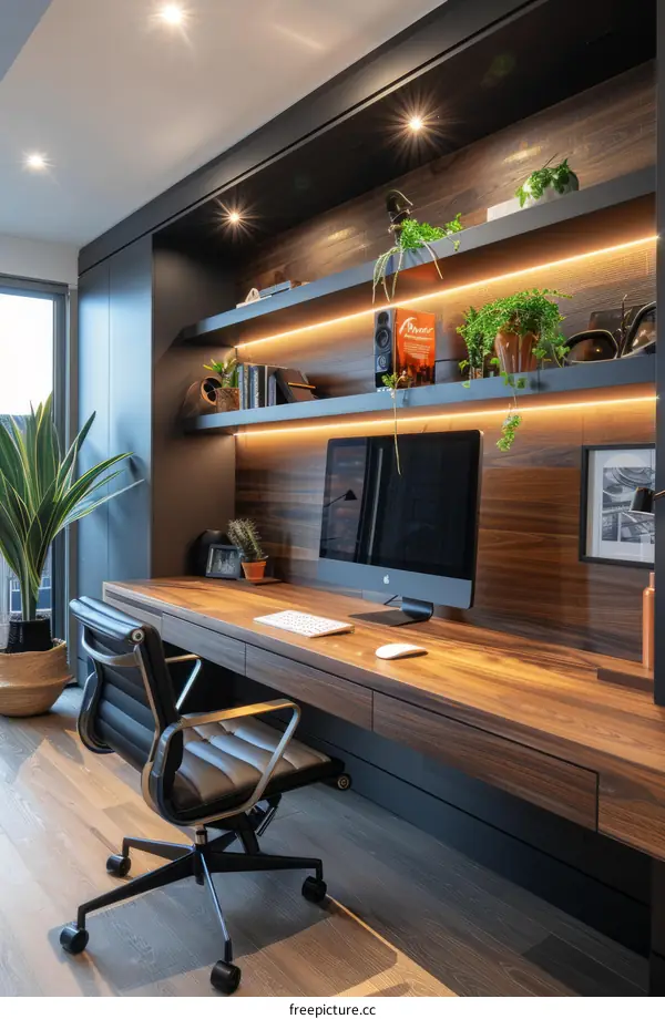 Office interior design with dark wood and plants