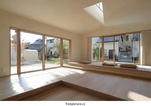 Minimalist Japanese Style Living Room with Wooden Platform and Large Windows