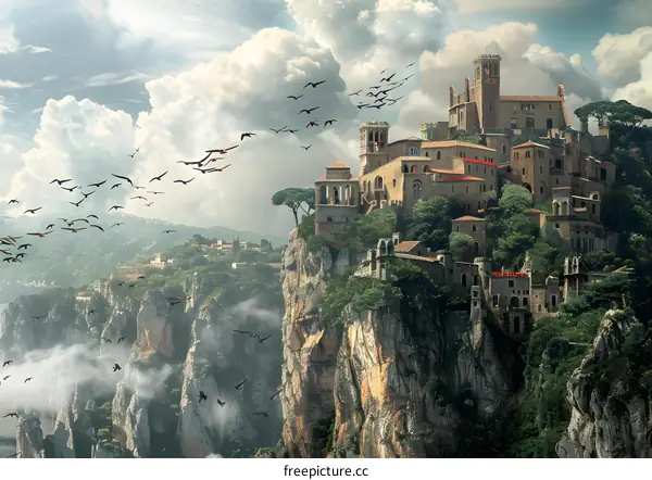 Fantasy Town on Mountaintop with Birds Flying