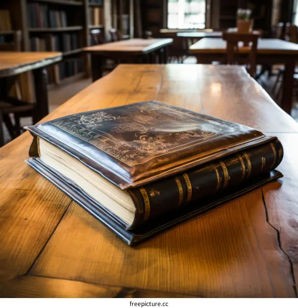 Old book on a wooden table in a library
