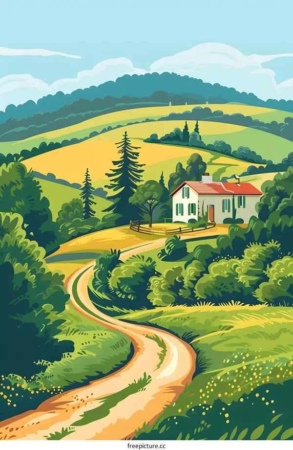 Countryside Landscape with Winding Road and a House