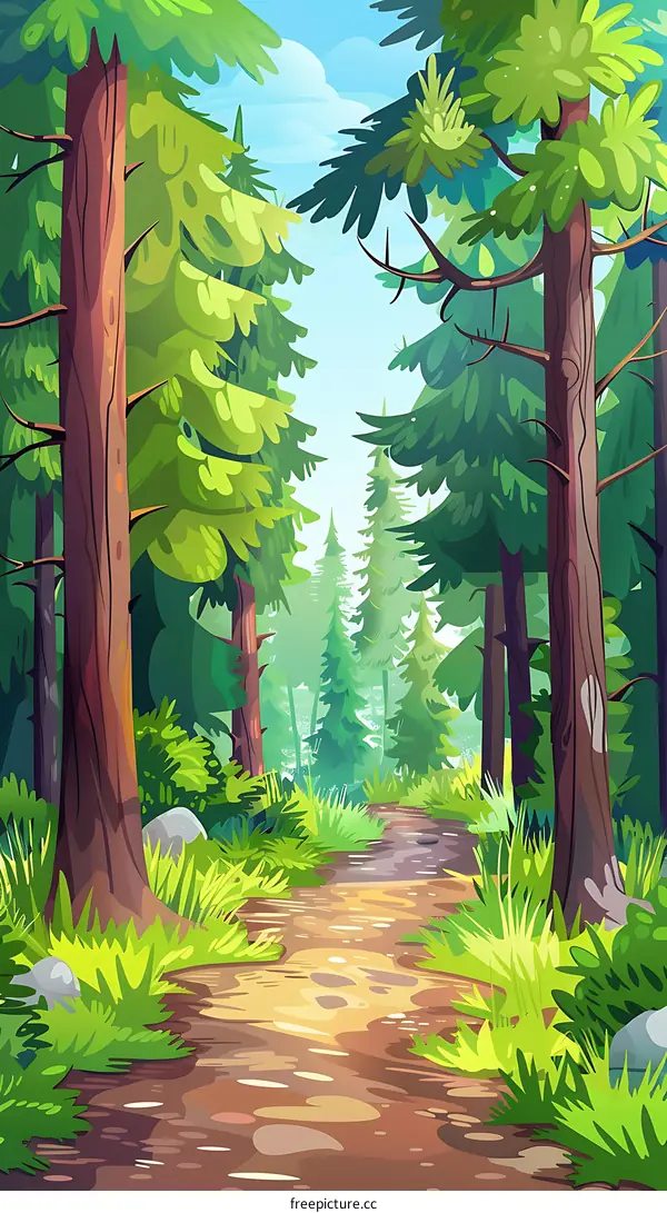 Forest Path Illustration With Green Trees and a Dirt Path