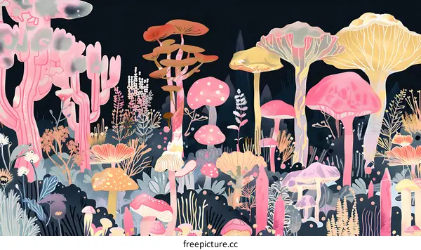 Fantasy Forest with Pink and Orange Mushrooms