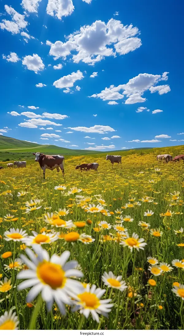 Cows grazing in a field of daisies under a blue sky