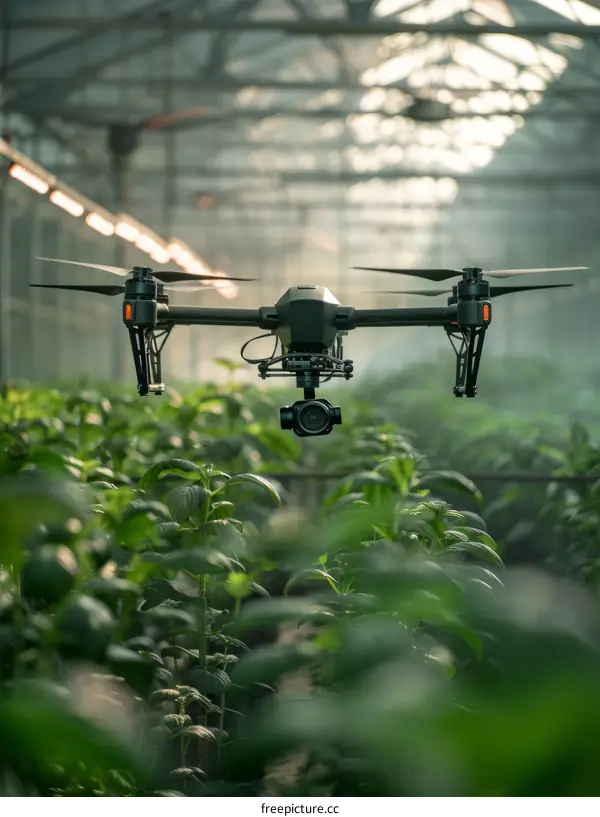 Drone Flying Over Plants in a Greenhouse