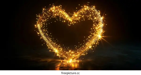 Glowing golden heart made of tiny particles
