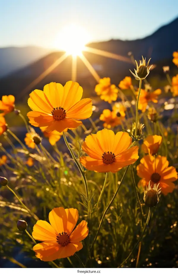 Yellow cosmos flowers in a field with a sunset in the background