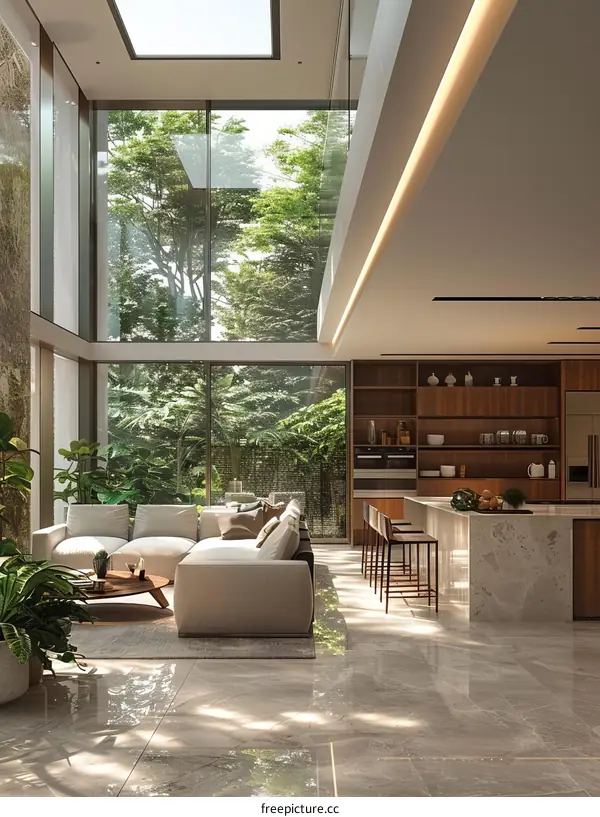 Modern House Interior with Spacious Living Room and Kitchen