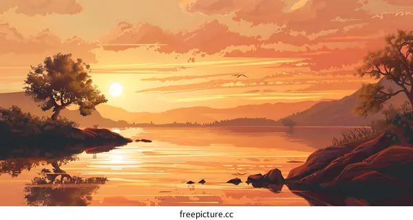 Sunset Landscape with Mountains and a Lake