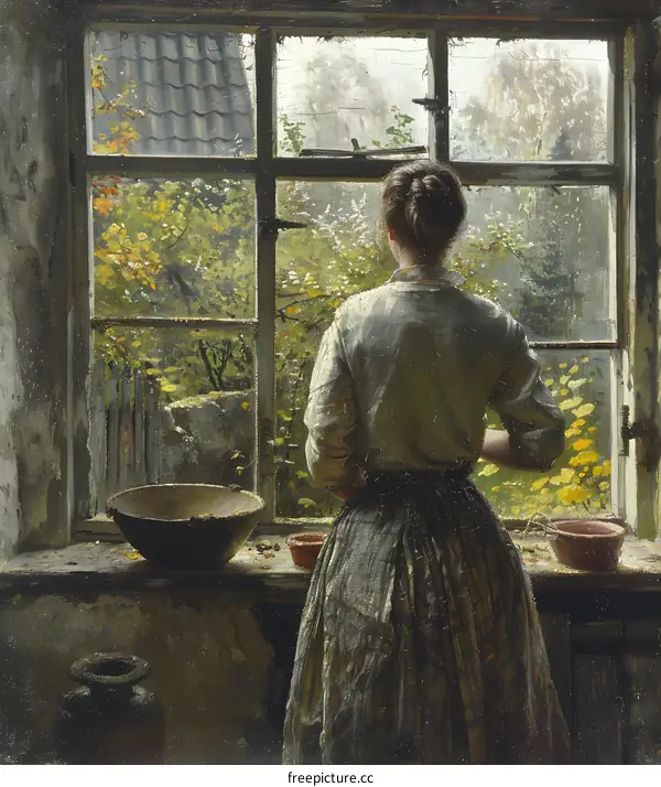 A woman standing in front of a window looking out at a garden