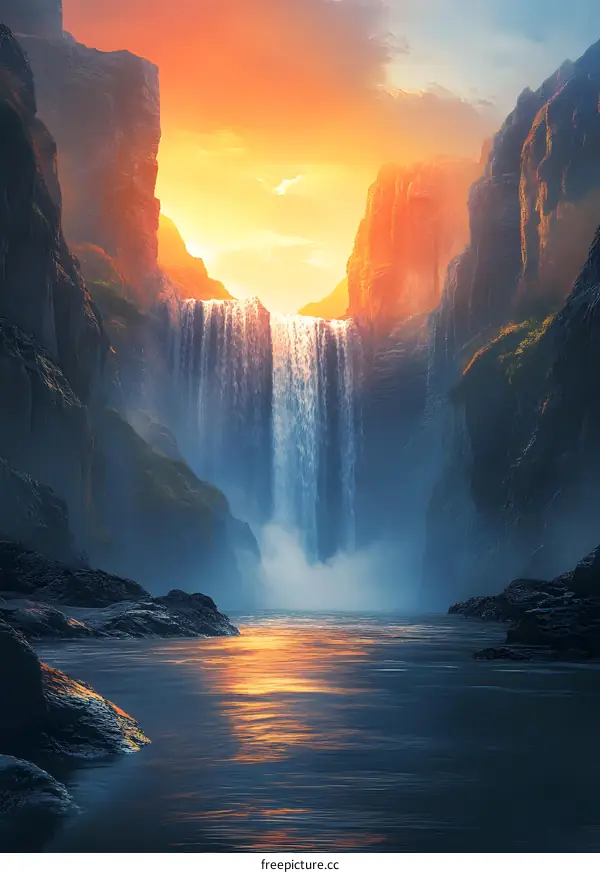 Waterfall Landscape with Mountains and Golden Sunset