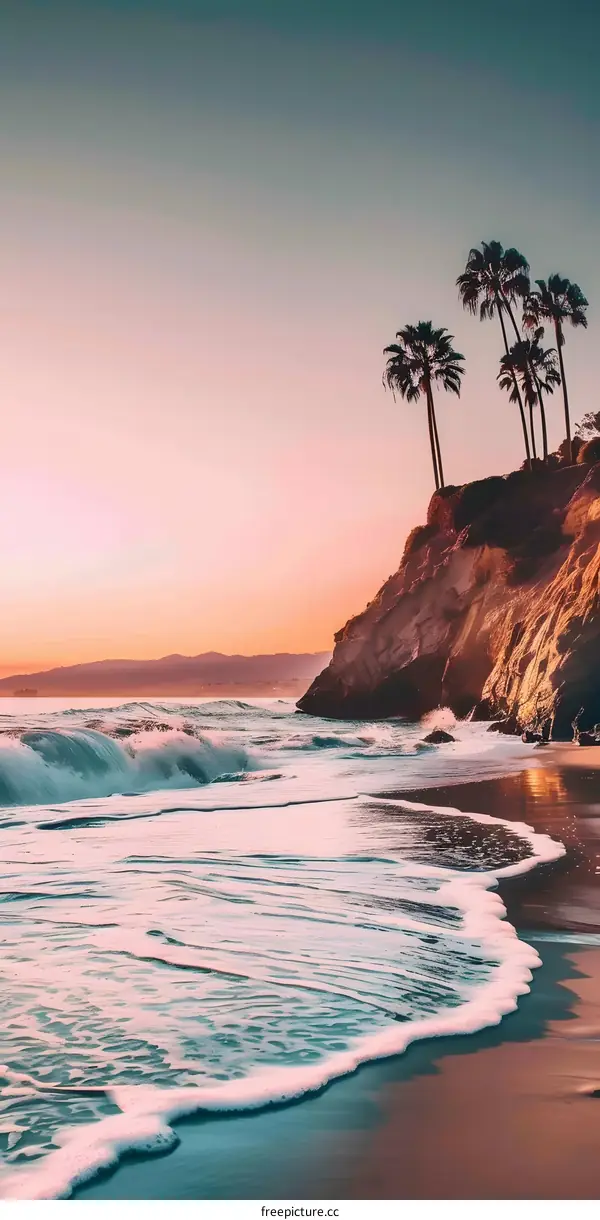 Beach at Sunset with Palm Trees and Waves