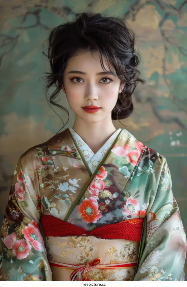Portrait of a beautiful Japanese woman in traditional kimono